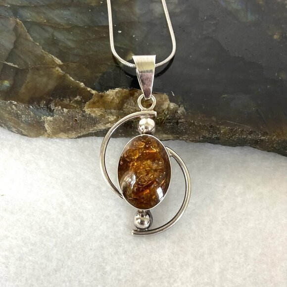 Sterling Silver 950 Mexico Geometric Oval Baltic Amber Pendant Necklace 18" - Picture 3 of 16